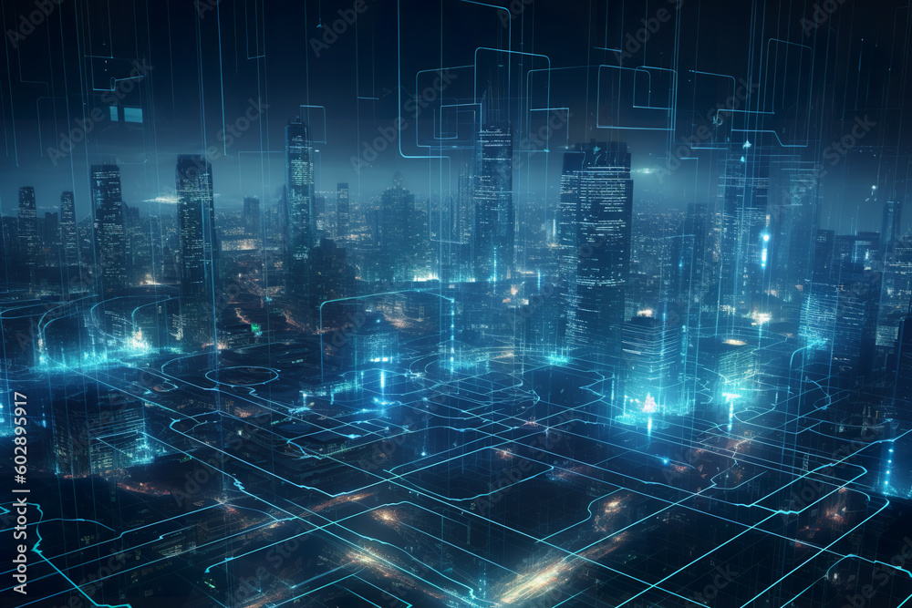 Futuristic digital city, matrix megapolis. Data transfer technology. Cyberpunk, Abstract technological background, bright neon lights