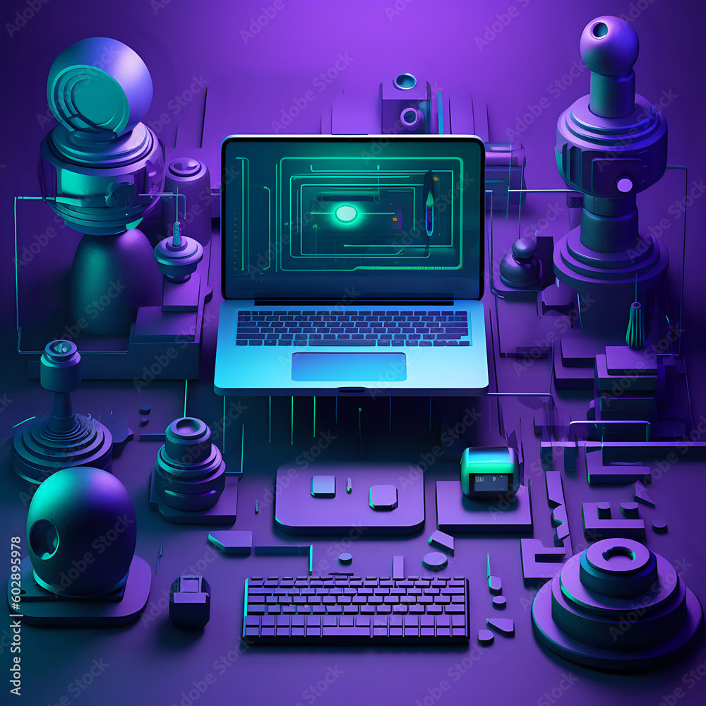 magine how to use artificial intellegence gadgets when your create social media content, photography, research, graphic design, text, purple, dark blue and green tones,AI generate - obrazy, fototapety, plakaty 