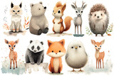 Watercolor set of Cute Baby deer, roe deer, fawn, bear, hedgehog, badger, bird, fox, lynx, squirrel Safari Animals. Cartoon animal for decoration design. Cute animals vector set. Hand-drawn watercolor