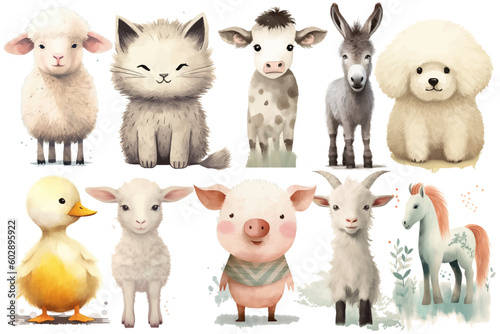 Watercolor set of Cute Baby cow, pig, goat, dog, sheep, horse, cat, lamb, donkey, duck Safari Animals. Cartoon animal for decoration design. Cute animals vector set. Hand-drawn watercolor illustration