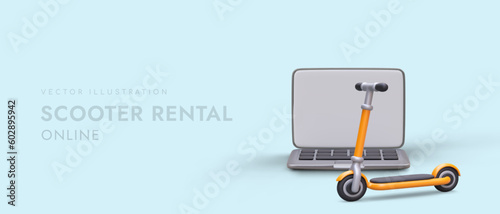 Time to try riding kick scooter. Temporary use of scooters for testing. Rent for fun family leisure. Healthy way to relax. 3D vector elements on advertising banner