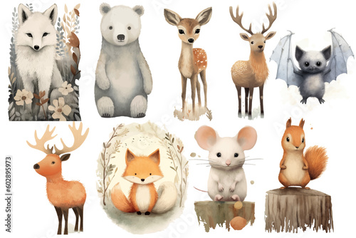 Watercolor set of Cute Baby deer, wolf, squirrel, elk, fox, bat, elk, mouse, bear Safari Animals. Cartoon animal for decoration design. Cute animals vector set. Hand-drawn watercolor illustration