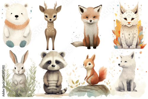 Watercolor set of Cute Baby fox, bear, wolf, lynx, squirrel, deer, rabbit, raccoon Safari Animals. Cartoon animal for decoration design. Cute animals vector set. Hand-drawn watercolor illustration