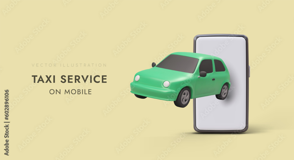 Taxi service from mobile. Phone application, route tracking online. Calculation of trip cost. Save trip history. Advertisement of passenger transport services with realistic illustration and text