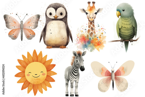 Watercolor set of Cute Baby butterfly, giraffe, penguin, sun, parrot, zebra Safari Animals. Cartoon animal for decoration design. Cute animals vector set. Hand-drawn watercolor illustration