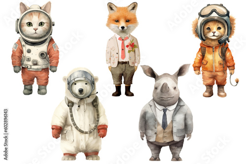 Watercolor set of Cute Baby A fox and a rhinoceros in a suit, a cat astronaut, a lion and a polar bear in a pilot suit Safari Animals. Cartoon animal for decoration design. Cute animals vector set.