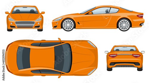 Orange sports car vector template with simple colors without gradients and effects. View from side, front, back, and top