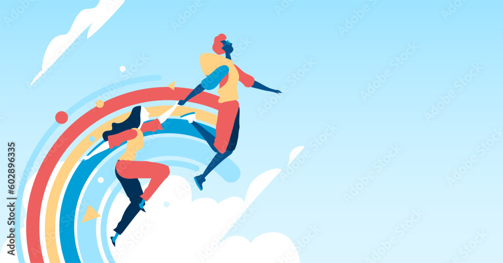 Ragazze che saltano in cielo libere tenendosi per mano verso il loro futuro. Dietro di se lasciano una scia di arcobaleno.