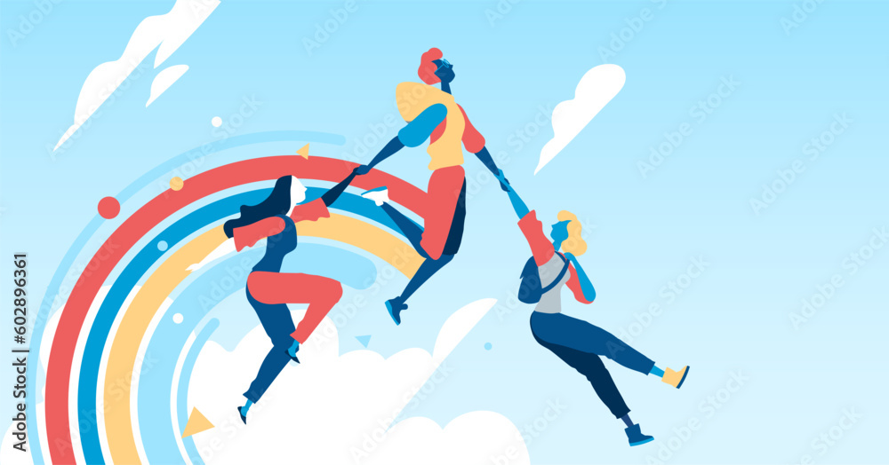 Ragazze che saltano in cielo libere tenendosi per mano verso il loro futuro. Dietro di se lasciano una scia di arcobaleno. Ragazze che saltano in cielo libere tenendosi per mano verso il loro futuro. Dietro di se lasciano una scia di arcobaleno.