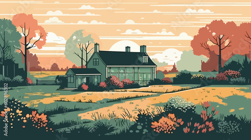 British countryside, English country garden, flat vector illustration, EPS 10.