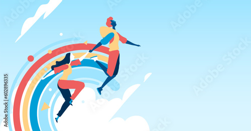 Ragazze che saltano in cielo libere tenendosi per mano verso il loro futuro. Dietro di se lasciano una scia di arcobaleno.