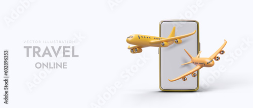 Travel online. 3D planes take off from smartphone screen. Application for booking air tickets. Flight information. Advertising horizontal template on light background for web design, social networks