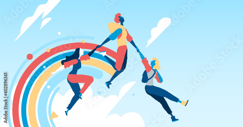 Ragazze che saltano in cielo libere tenendosi per mano verso il loro futuro. Dietro di se lasciano una scia di arcobaleno.