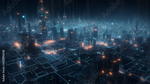 Futuristic digital city  matrix megapolis. Data transfer technology. Cyberpunk  Abstract technological background  bright neon lights