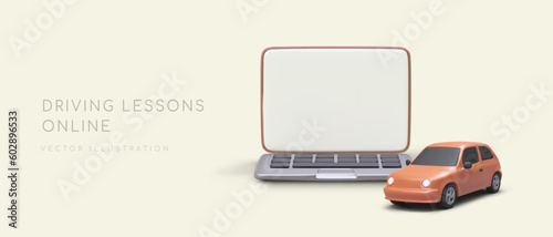 Driving lessons online. Learning theory at driving school, remote testing. Lessons on traffic rules, study of road signs. Horizontal template advertising classes for future drivers, 3D illustration