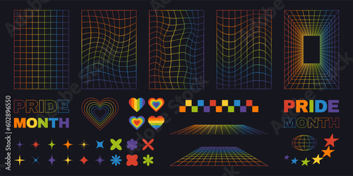 Set of rainbow colored grid backgrounds and abstract elements. Pride month poster and flyer design template. Y2k retro aesthetic.