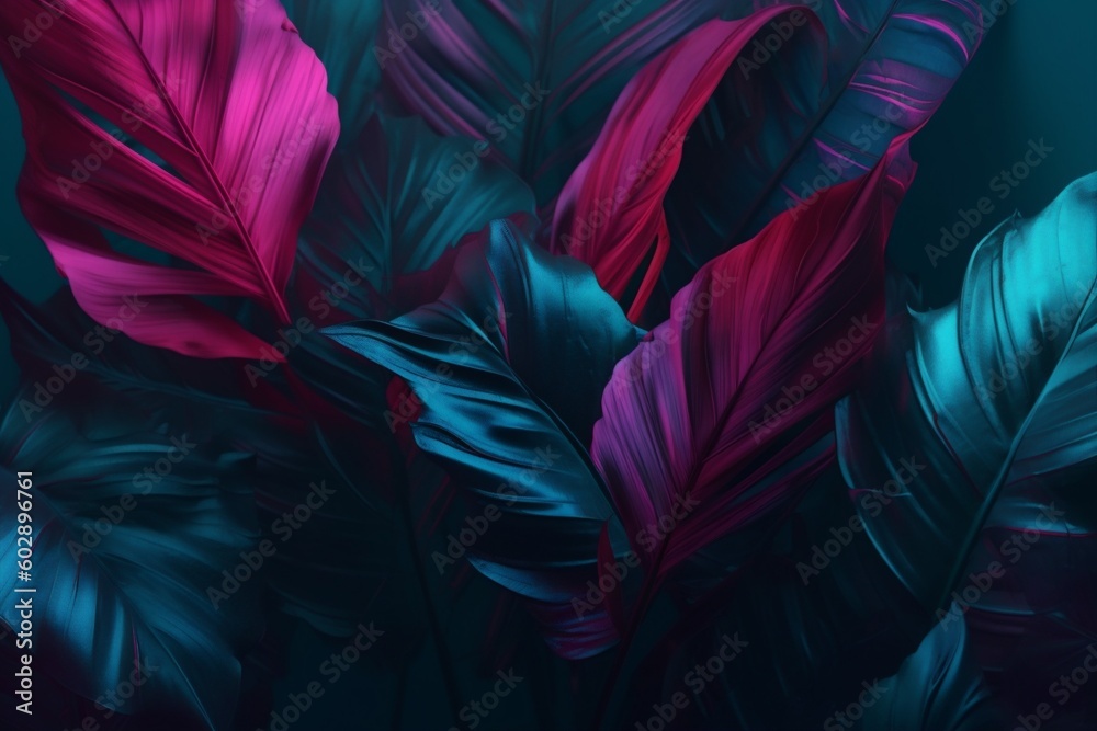 night tropical plant glow jungle neon leaf background purple exotic art. Generative AI.