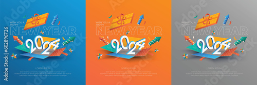 2024 new year square template with 3D number on full colour gift box background. Happy new year 2024 celebration template for social media post concept