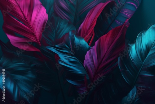 night tropical plant glow jungle neon leaf background purple exotic art. Generative AI.
