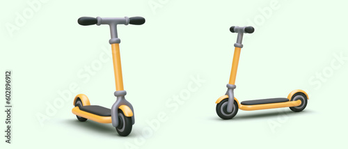 3D scooters from different angles. Three dimensional image of modern personal vehicle. Without environmental pollution. Color vector image for creating original design
