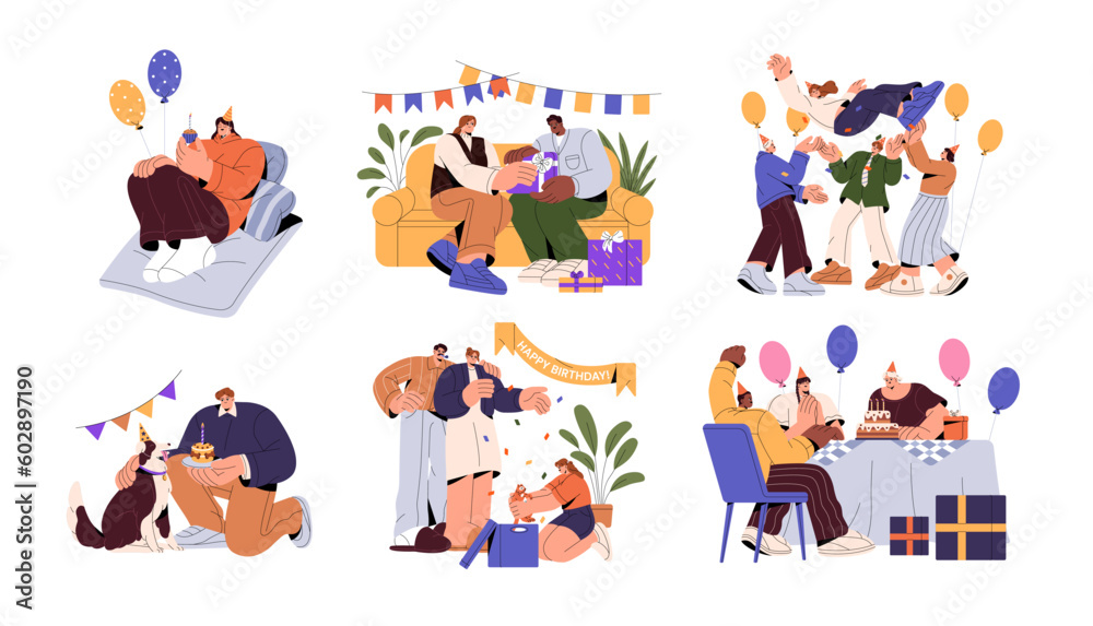 Happy people celebrating birthday set. Fun, anniversary celebration with friends, couple, family, pet and alone. Holiday with gifts and cake. Flat vector illustrations isolated on white background