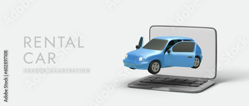 Blue 3D car with open doors. Selection of optimal car for rent. Car sharing advertising, web design. Rental of personal vehicles. Detailed information about car