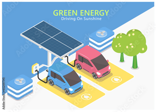 EV Charging station with solar panels. Eco city and green energy city transport.