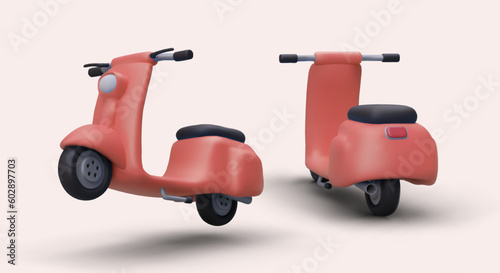 Set of red 3D motor scooters. Realistic mopeds from different angles. Modern maneuverable vehicle for everyday use. Illustration for service of delivery, rental and sale of scooters