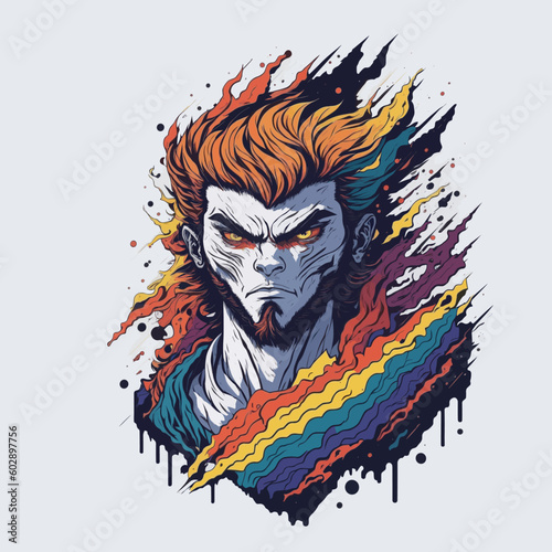  The character's expression is one of intense anger and passion, as indicated by the contorted features and fierce gaze. The face bears the visage of a demonic creature.