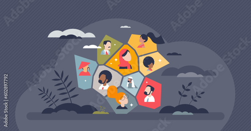 Diversity and inclusion for various race or ethnic groups unity tiny person concept. Multiracial integration for all social communities vector illustration. Collaboration team with different origins.