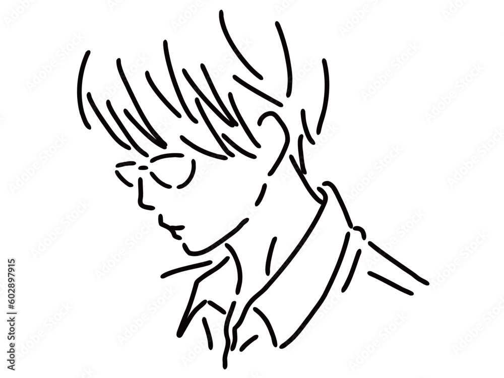 メガネのかっこいい男性のシンプルな線画／手描きイラスト素材