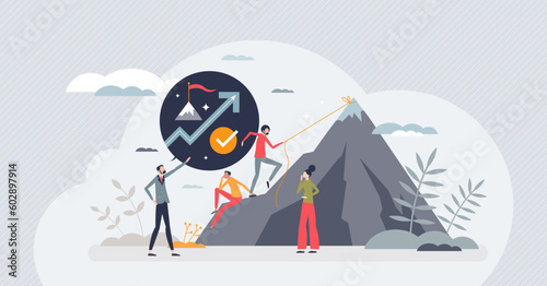 Motivation and inspiration for professional growth tiny person concept. Ambition to succeed goals as climbing and reach top vector illustration. Strong leadership for career development and support.