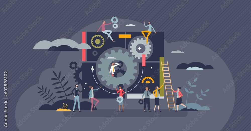 Obraz premium Productivity and company work efficiency management tiny person concept. Performance progress with effective task control and teamwork vector illustration. Business as cogwheel system with employees.