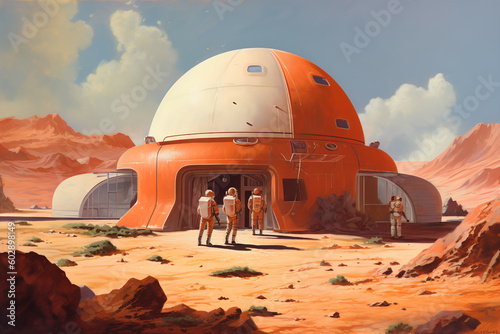 Moving to Mars: Small base in surreal Martian landscape, Generative AI