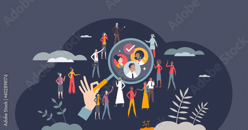 Targeted audience for effective and accurate marketing tiny person concept. Advertising strategy with focused group vector illustration. Find customer from crowd with precise social media ads campaign photo