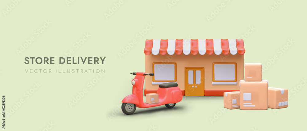 Cartoon 3d scooter ready to deliver different orders from supermarket. Buying goods online, fast delivery concept for stores. Realistic vector poster in red and green colors