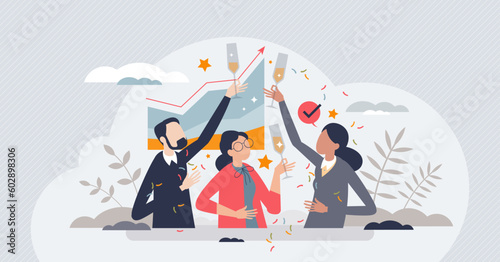 Satisfaction and success with business achievement tiny person concept. Joy and positive emotions after profit and financial growth vector illustration. Partnership and professional teamwork job.