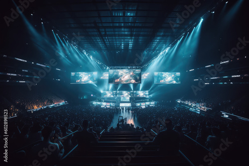 E-sports arena, filled with cheering fans and colorful LED lights. Players compete on a large stage in front of a massive screen, generative AI