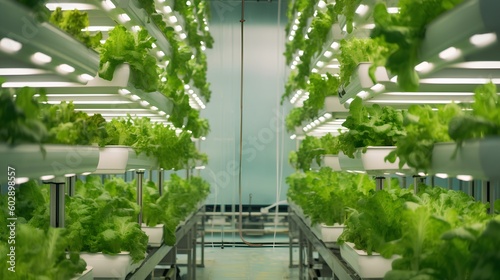 Vertical agriculture, featuring shelves brimming with lush green plants. Modern farming optimizes space, reduces resource usage, and embodies a sustainable approach to urban agriculture. Generative AI photo