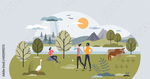 Nature and green environment beauty in ecological field tiny person concept. Animals and birds flora or fauna protection, respect and conservation vector illustration. Sustainable climate harmony.