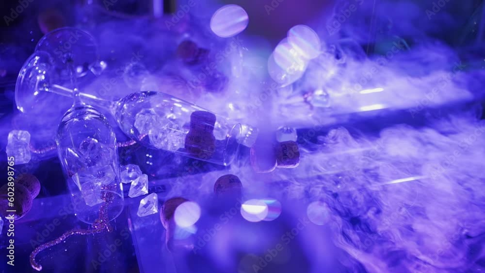 glasses with heavy smoke and ice in blue backlight. glasses on the buffet table glasses with heavy smoke and ice in blue backlight. glasses on the buffet table