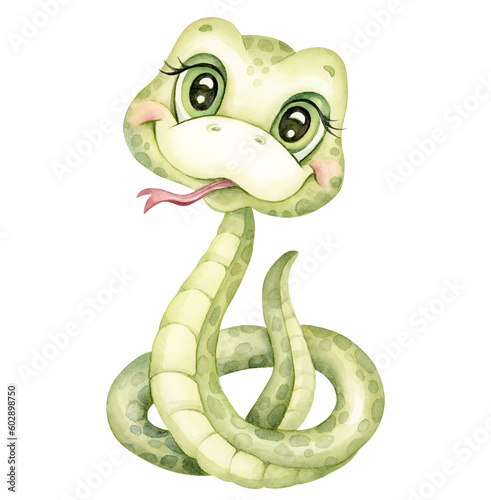 Funny green snake cartoon, cute cartoon animal hand drawn watercolor illustrations © MarinadeArt