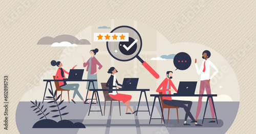 HR monitoring or human resources staff surveillance tiny person concept. Job quality assurance and performance research vector illustration. Professional personnel productivity check for best results