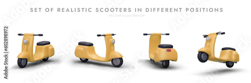 Set of realistic scooters in different positions. 3D mopeds, front, side, rear view. 3D color vector objects with shadows. Single seater modern vehicles
