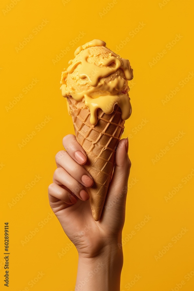 Hand holding yellow icecream balls on retro beige background. Summer refreshing food background. Generated AI.