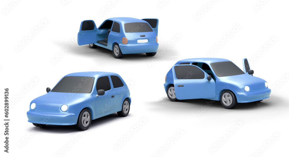 Blue realistic cars in cartoon style. Front, side, back view. Set of 3D illustrations of modern vehicles with shadows. Isolated vector cars with open doors