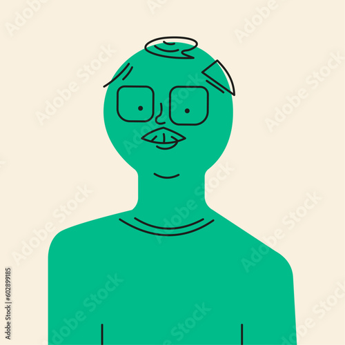 Male grandfather elderly smiling silhouette green color with black outline. Flat style. Vector illustration.