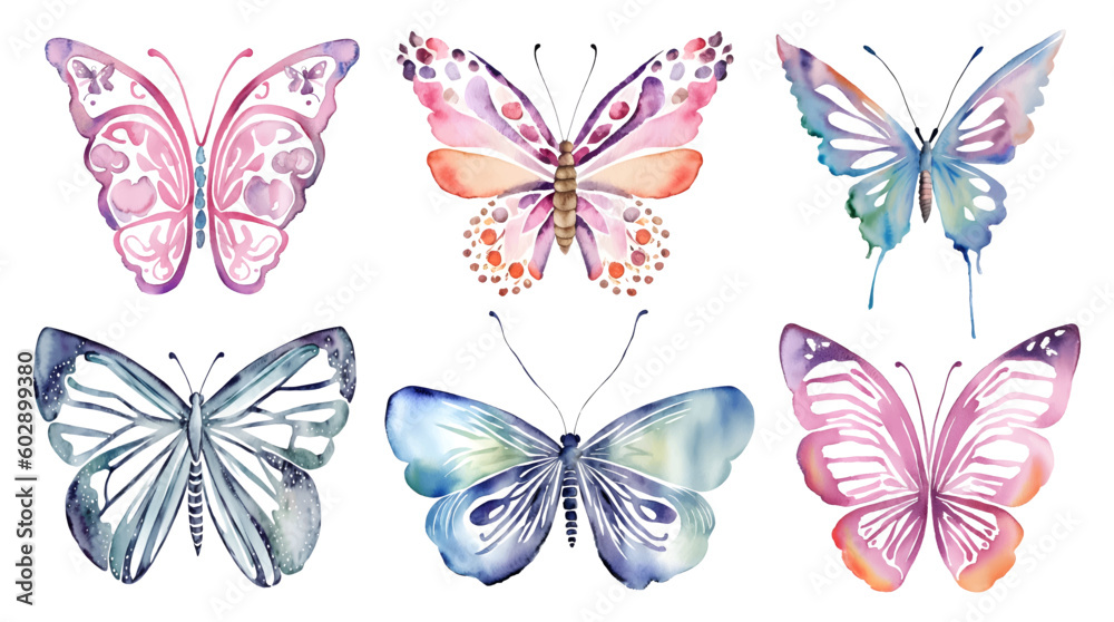 Obraz premium Watercolor butterfly pink and blue clipart set. Hand drawn illustration