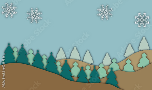 Circle Paper Cut Winter Landscape. Papercut With Spruce Trees, Snow Flags, And Starry Night