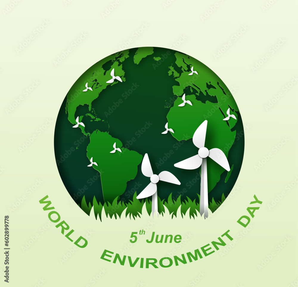 green world in circle with windmill on the grass. world environment day june 5 concept in illustrator paper art design. green world in circle with windmill on the grass. world environment day june 5 concept in illustrator paper art design.